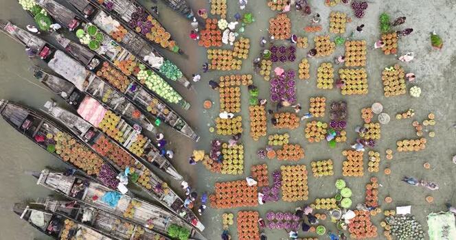 Aerial view of a floating market with boats Bangladesh.