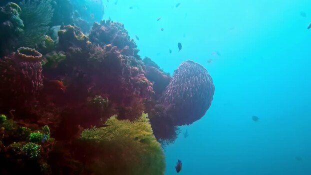 View of coral reef with barrel sponges in Bali Indonesia.