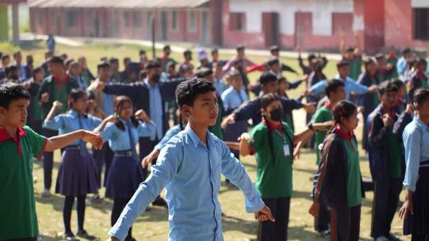 View of students performing morning exercises in Dhangadhi Nepal.