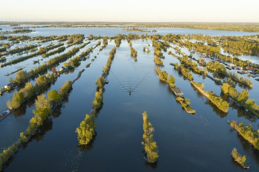 Aerial view of Scheendijk in Breukelen featuring narrow tree lined islands and waterways with a small boat creating ripples in the water Breukelen Utrecht Netherlands. Aerial view of Scheendijk in Breukelen featuring narrow tree lined islands and waterways with a small boat creating ripples in the water Breukelen Utrecht Netherlands.