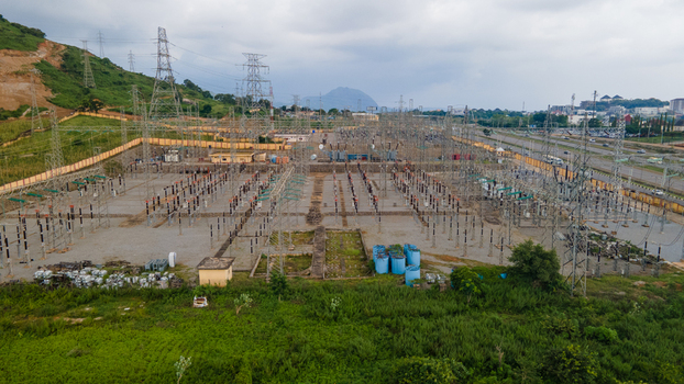 Aerial view of TCN SubStation Katampe featuring electrical transformers power lines and transmission towers in Abuja Federal Capital Territory Nigeria.