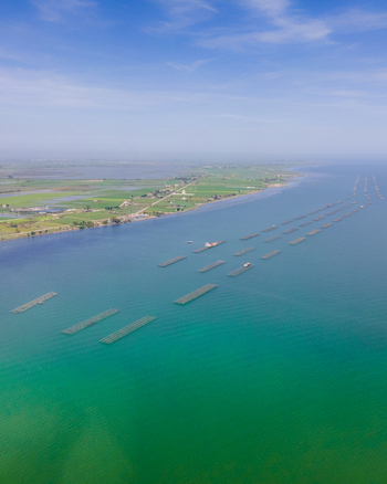 Aerial view of the Ebro Delta showing aquaculture mussel farms in turquoise water along the green coastline of Catalonia Spain. Aerial view of the Ebro Delta showing aquaculture mussel farms in turquoise water along the green coastline of Catalonia Spain.