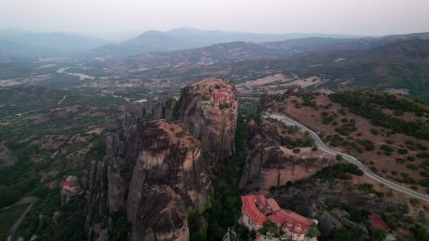 Aerial view of Meteora rock formations and monasteries Greece. Aerial view of Meteora rock formations and monasteries Greece.