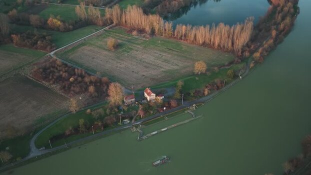 Aerial view of river and lock France.