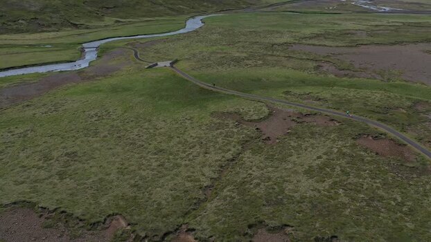 Aerial view of Svodufoss waterfall and river in Iceland.