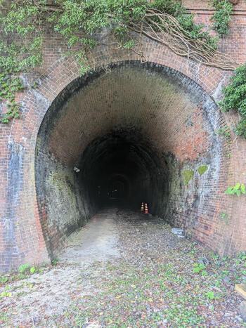 View of the historic abandoned tunnel at Oyashirachi with weathered brick masonry overgrown vines and orange traffic cones inside the dark entrance in Itoigawa Niigata Japan.