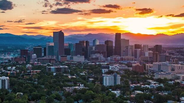 Aerial view of Denver skyline at sunset United States.