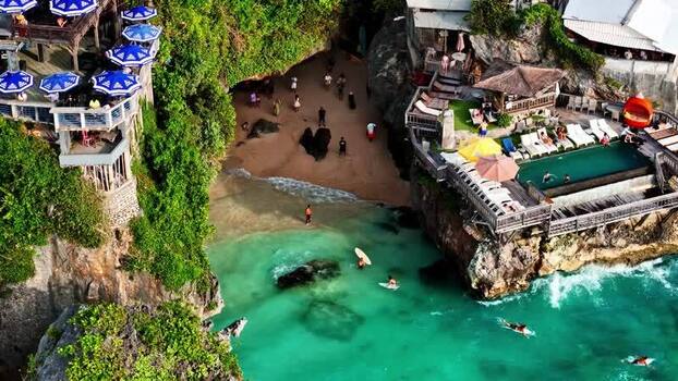 Aerial view of coastal resort and beach in Bali Indonesia.