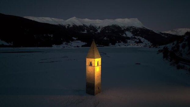 Aerial view of Reschensee bell tower in Graun im Vinschgau Italy. Aerial view of Reschensee bell tower in Graun im Vinschgau Italy.