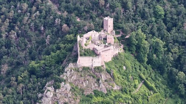Aerial view of Saint Ulrich Castle ruins in the forest France. Aerial view of Saint Ulrich Castle ruins in the forest France.