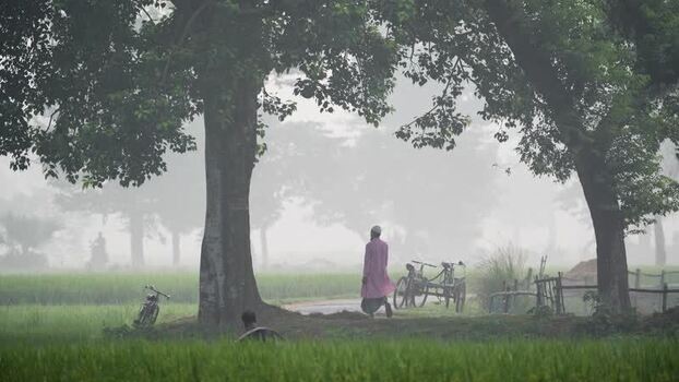 View of a man walking through a misty rural landscape Bangladesh.