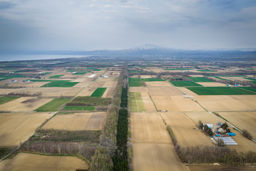 Aerial view of the agricultural patchwork of fields and tree lines near Lake Kussharo Teshikaga Hokkaido Japan. Aerial view of the agricultural patchwork of fields and tree lines near Lake Kussharo Teshikaga Hokkaido Japan.