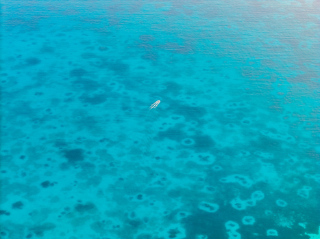 Aerial view of a lone boat sailing through the crystalline turquoise waters of the Indian Ocean Dhidhdhoo Thiladhunmathi Atoll Maldives.