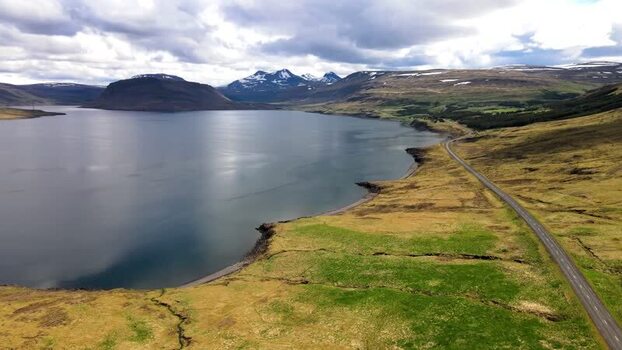 Aerial view of Hvalfjordur fjord and coastal road Iceland. Aerial view of Hvalfjordur fjord and coastal road Iceland.