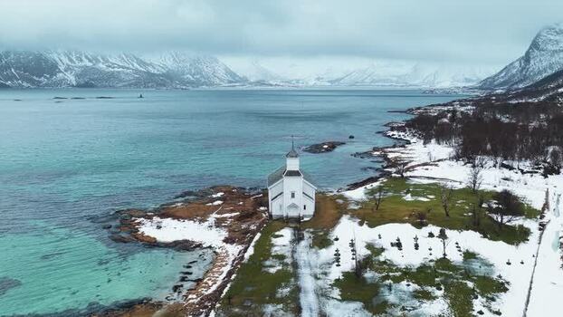 Aerial view of Gims&oslash;y Kirke Church Norway.