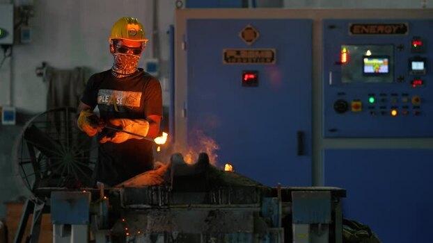 View of a worker handling molten metal in a factory Bangladesh.