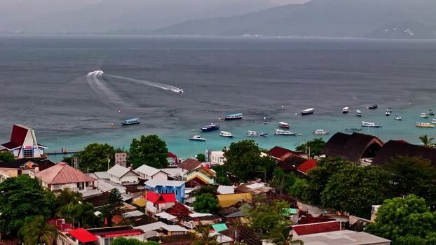 Aerial view of coastal town and boats in Bali Indonesia.