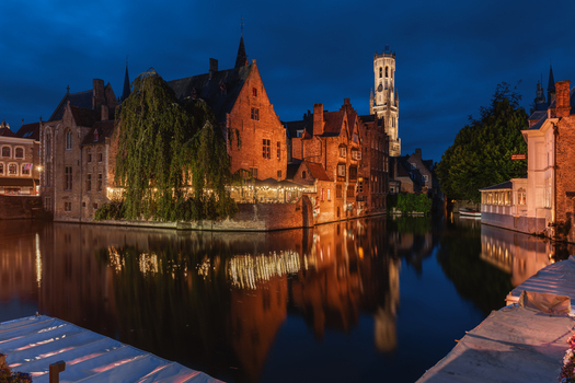 View of the historic Belfry of Bruges illuminated at night reflecting in the calm canal waters with traditional brick buildings and a large weeping willow tree in Bruges Flanders Belgium.