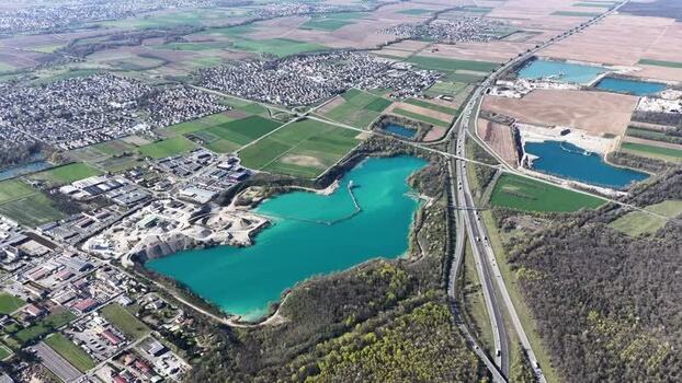 Aerial view of lake near highway Sausheim France.