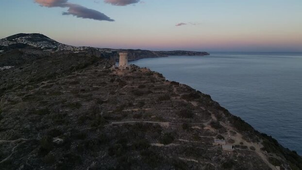 Aerial view of Cap d Or watchtower in Moraira Spain.