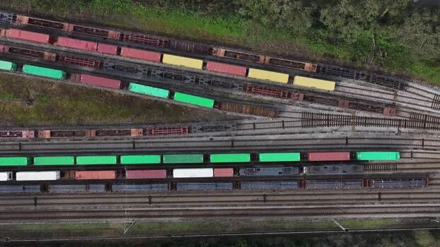 Aerial view of train yard with various shipping containers Portugal.