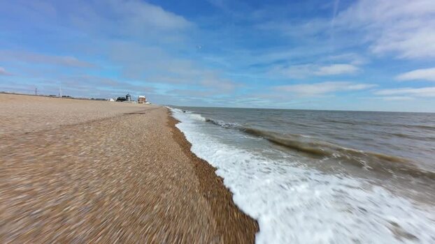 Aerial FPV view of Aldeburgh Beach United Kingdom. Aerial FPV view of Aldeburgh Beach United Kingdom.