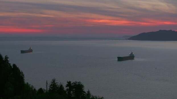 Aerial view of ships on Columbia River at sunset United States.