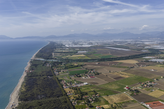 Aerial view of the Tyrrhenian coastline with sandy beaches lush pine forests and vast agricultural fields under a blue sky in Paestum Campania Italy.