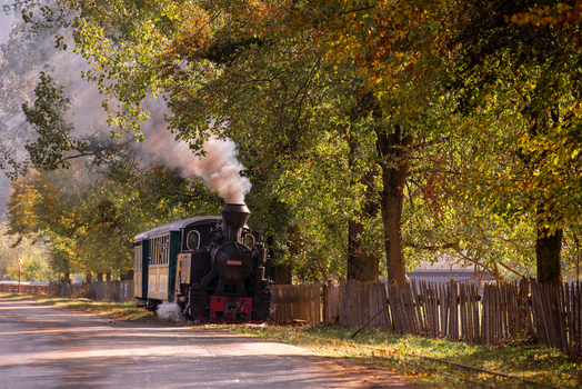 View of the historic Mocanita Moldovita steam train traveling along the tracks through a rural landscape with autumn foliage and a wooden fence in Moldovita Suceava County Romania. View of the historic Mocanita Moldovita steam train traveling along the tracks through a rural landscape with autumn foliage and a wooden fence in Moldovita Suceava County Romania.