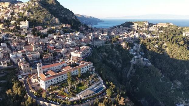 Aerial view of the historic town of Taormina Italy.