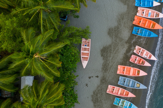 Aerial view of colorful wooden fishing boats resting on the sandy shore beside lush palm trees in Palmar de Ocoa Azua Province Dominican Republic.