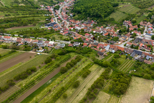 Aerial view of the village of Cejkovice surrounded by lush green vineyards agricultural fields and rolling hills in Cejkovice South Moravian Region Czechia.