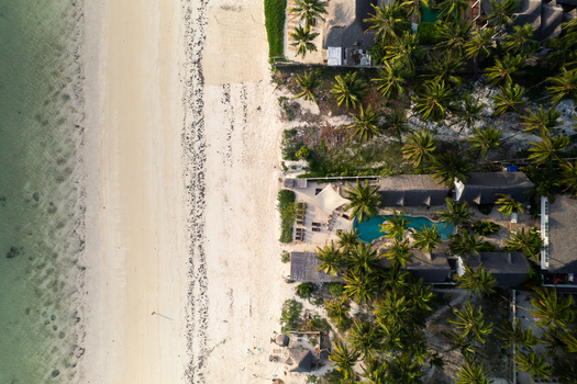 Aerial view of the contrasting textures and tones of the turquoise waters meeting the golden sand fringed by lush green palm trees Paje Unguja South Region Tanzania. Aerial view of the contrasting textures and tones of the turquoise waters meeting the golden sand fringed by lush green palm trees Paje Unguja South Region Tanzania.