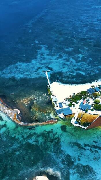 Aerial view of Guanaja island with turquoise coral reefs Honduras.