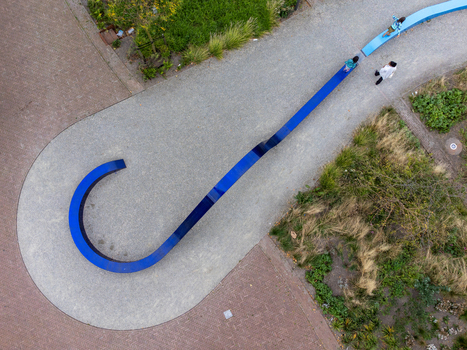 Aerial view of the blue curved bench at Stadhuispromenade in Almere Flevoland Netherlands.