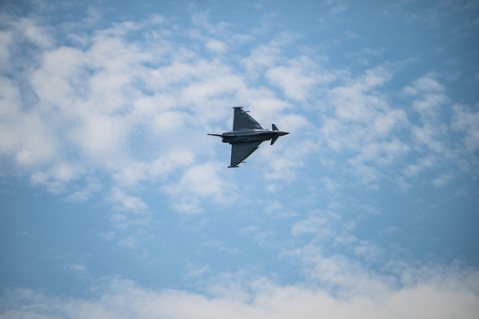 Berlin Germany 13 June 2026 View of Eurofighter Typhoon performing an aerial display at the ILA Berlin Air Show against a blue sky with scattered clouds. Berlin Germany 13 June 2026 View of Eurofighter Typhoon performing an aerial display at the ILA Berlin Air Show against a blue sky with scattered clouds.