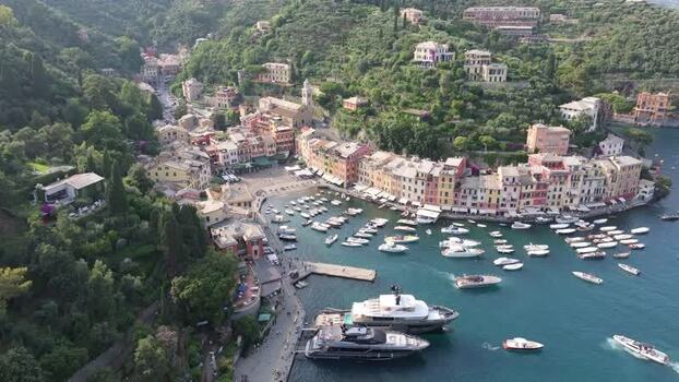 Aerial view of Portofino harbor and colorful buildings in Italy. Aerial view of Portofino harbor and colorful buildings in Italy.