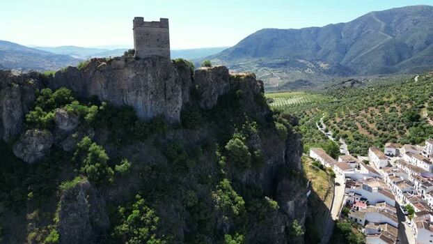 Aerial view of the castle tower in Zahara de la Sierra Spain. Aerial view of the castle tower in Zahara de la Sierra Spain.