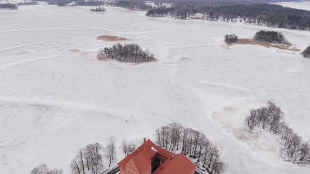 Aerial view of Lake Galve in winter Lithuania.