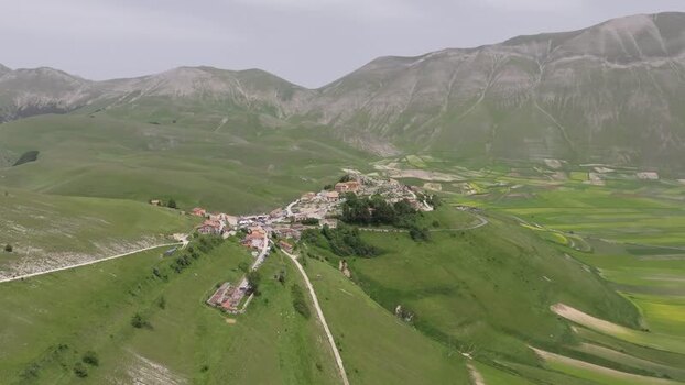 Aerial view of Castelluccio village in the Apennine Mountains Italy.