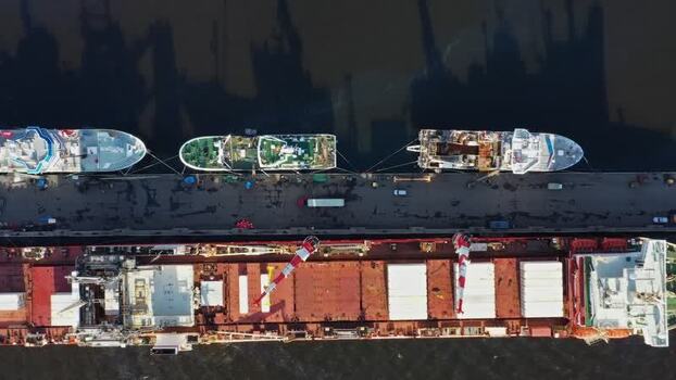 Aerial view of cargo ships at the port in Russia.