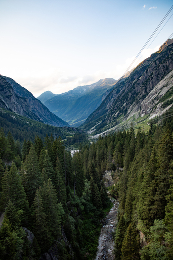 Aerial view of the Swiss Alps near Airolo featuring a deep valley dense pine forests a winding stream and rugged mountain peaks under a clear sky Airolo Ticino Switzerland. Aerial view of the Swiss Alps near Airolo featuring a deep valley dense pine forests a winding stream and rugged mountain peaks under a clear sky Airolo Ticino Switzerland.