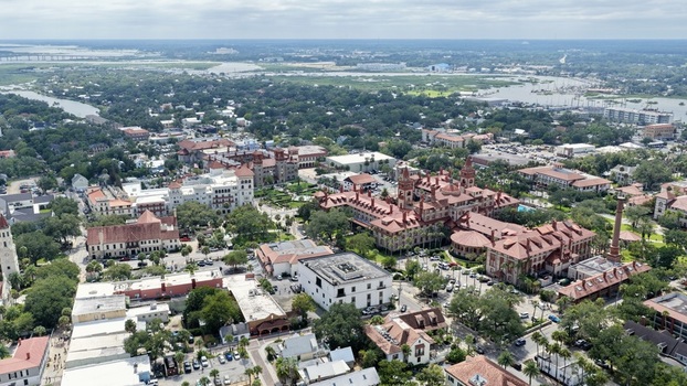 Aerial view of the historic Flagler College and surrounding architecture in the city center of St. Augustine Florida United States. Aerial view of the historic Flagler College and surrounding architecture in the city center of St. Augustine Florida United States.