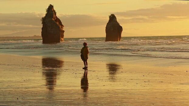 View of sea stacks and person on beach New Zealand. View of sea stacks and person on beach New Zealand.