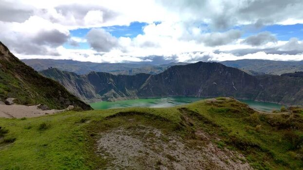 Aerial view of Quilotoa Lake crater in Cotopaxi Ecuador.