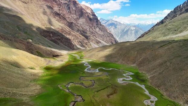 Aerial view of the winding Kikhn Jrav river in a valley Tajikistan. Aerial view of the winding Kikhn Jrav river in a valley Tajikistan.