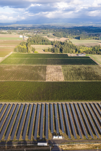 Aerial view of rural farmland featuring rows of solar panels adjacent to agricultural crop fields under a cloudy sky in Woodburn Oregon United States. Aerial view of rural farmland featuring rows of solar panels adjacent to agricultural crop fields under a cloudy sky in Woodburn Oregon United States.