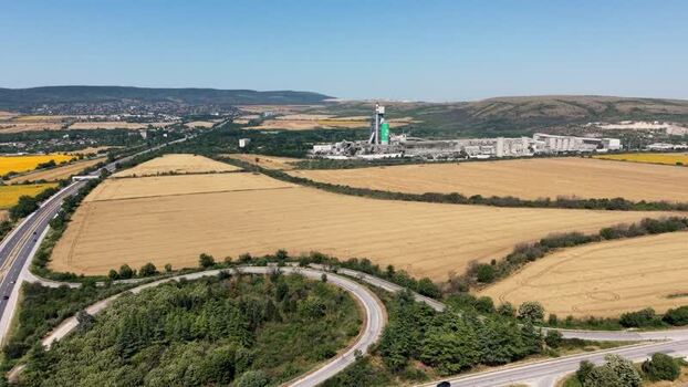 Aerial view of industrial plant near highway junction Bulgaria.