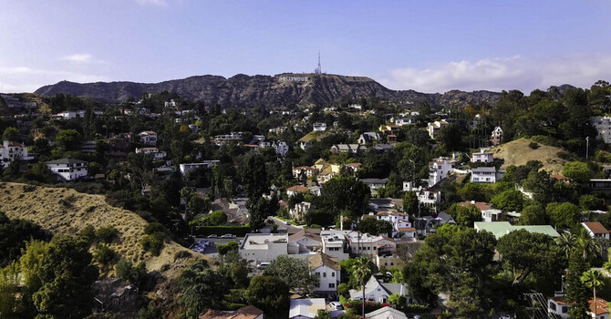 Hollywood CA United States 29 September 2026 Aerial view of the iconic Hollywood Sign on Mount Lee overlooking residential hillside homes and lush greenery in Hollywood.