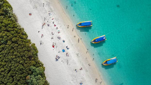 Aerial view of Whitehaven Beach with speedboats anchored in turquoise water white sand and lush forest in Whitsundays Queensland Australia.